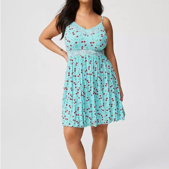 Torrid Super Soft Rib Lace Trim Sleep Chemise Very Cherry Aqua Sky - Picture 2 of 8